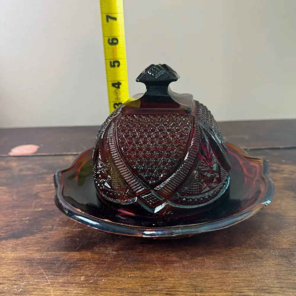 Vintage Depression Pressed Red Cadmium Glass Covered Butter Dish GLOWS